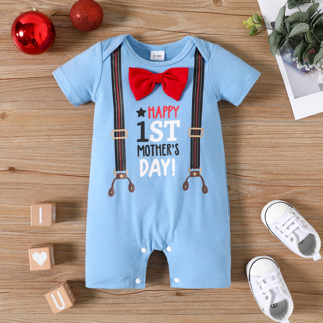 Mother's Day Baby Boy 100% Cotton Letter Print Blue Short-sleeve Bow Tie Romper