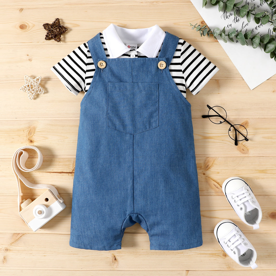 2pcs Baby Boy Contrast Collar Short-sleeve Striped Romper and Imitation Denim Overall Shorts Set