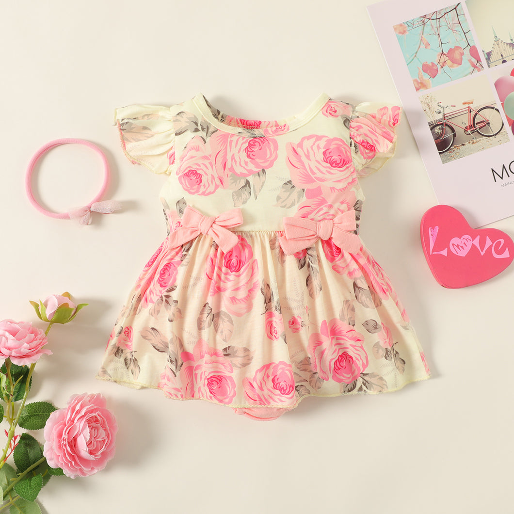 2pcs Baby Girl Allover Pink Floral Print Flutter-sleeve Bowknot Romper Dress with Headband Set