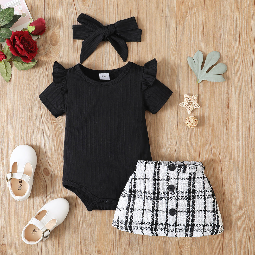 3pcs Baby Girl Black Ribbed Short-sleeve Romper and Tweed Skirt with Headband Set