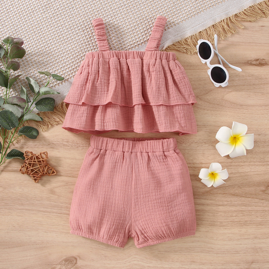 2pcs Baby Girl Pink Crepe Sleeveless Spaghetti Strap Layered Top and Shorts Set