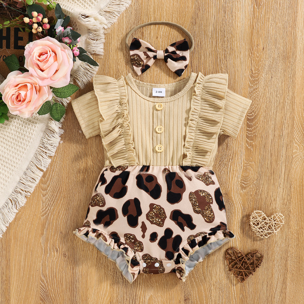 2pcs Baby Girl Apricot Ribbed Ruffle Short-sleeve Splicing Leopard Romper with Headband Set