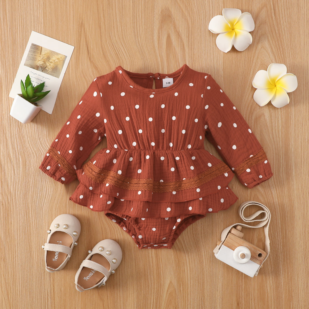 100% Cotton Crepe Baby Girl All Over Dots Brown Long-sleeve Layered Romper