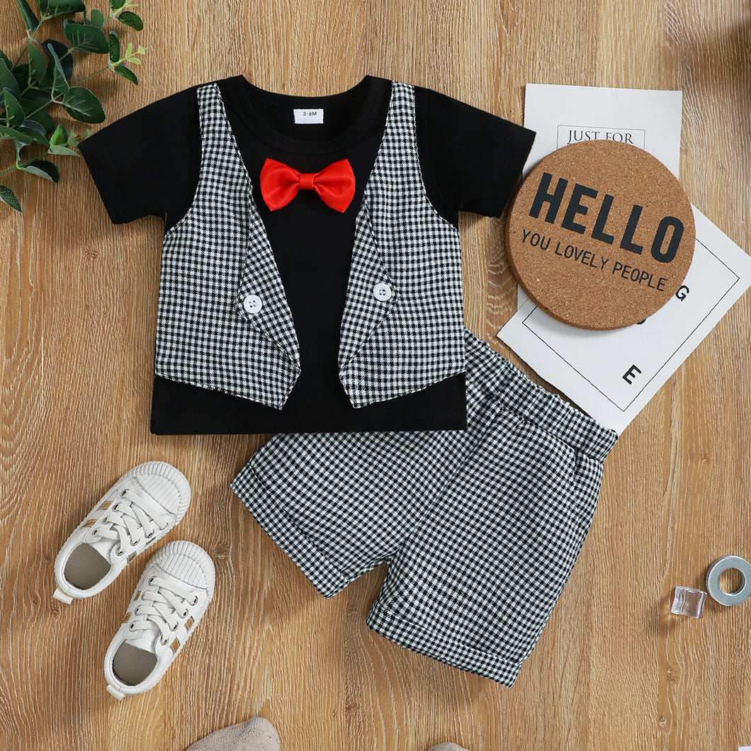 2pcs Baby Boy Gentleman Bow Tie Short-sleeve Plaid Faux-two Top and Shorts Set