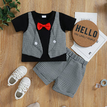 Load image into Gallery viewer, 2pcs Baby Boy Gentleman Bow Tie Short-sleeve Plaid Faux-two Top and Shorts Set
