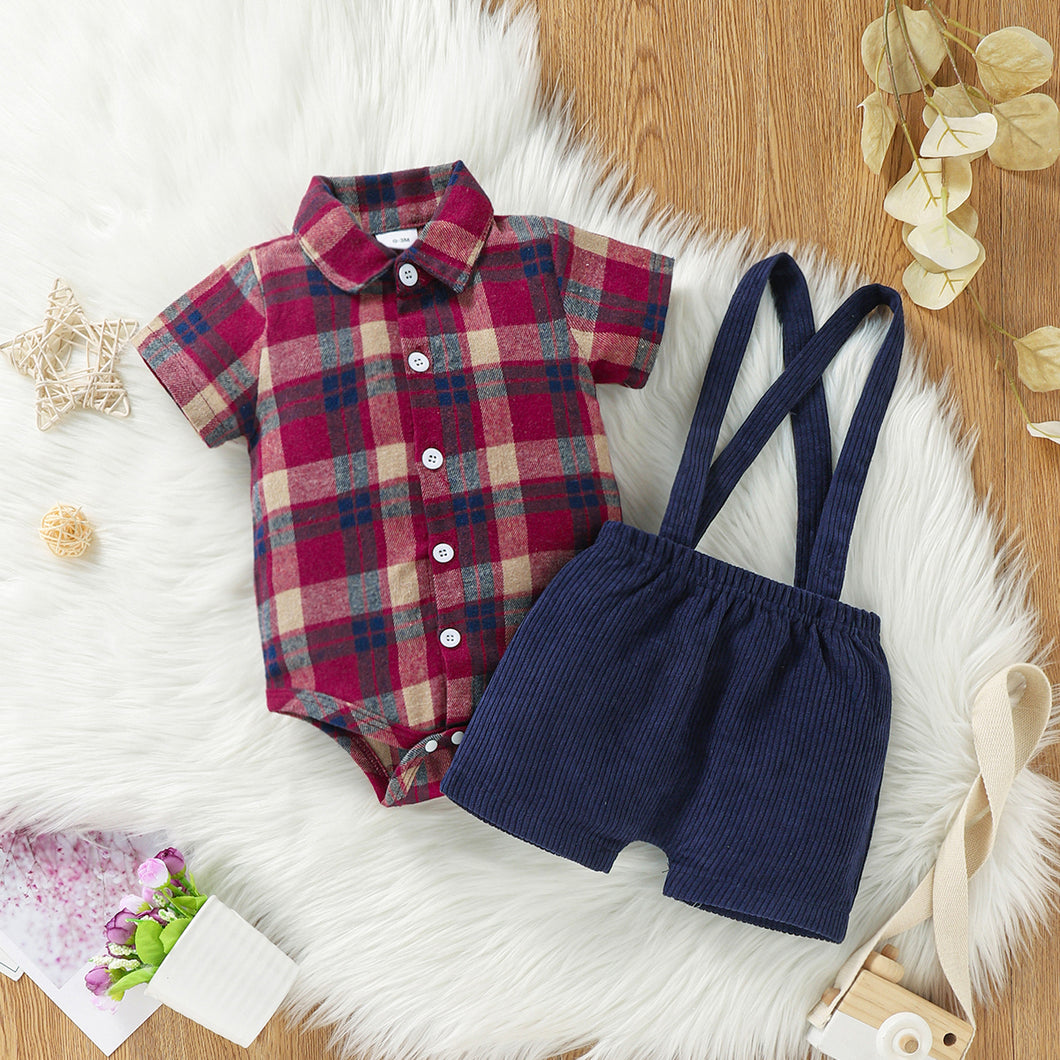 2pcs Baby Girl Button Up Short-sleeve Plaid Romper and Cartoon Dog Design Suspender Shorts Set