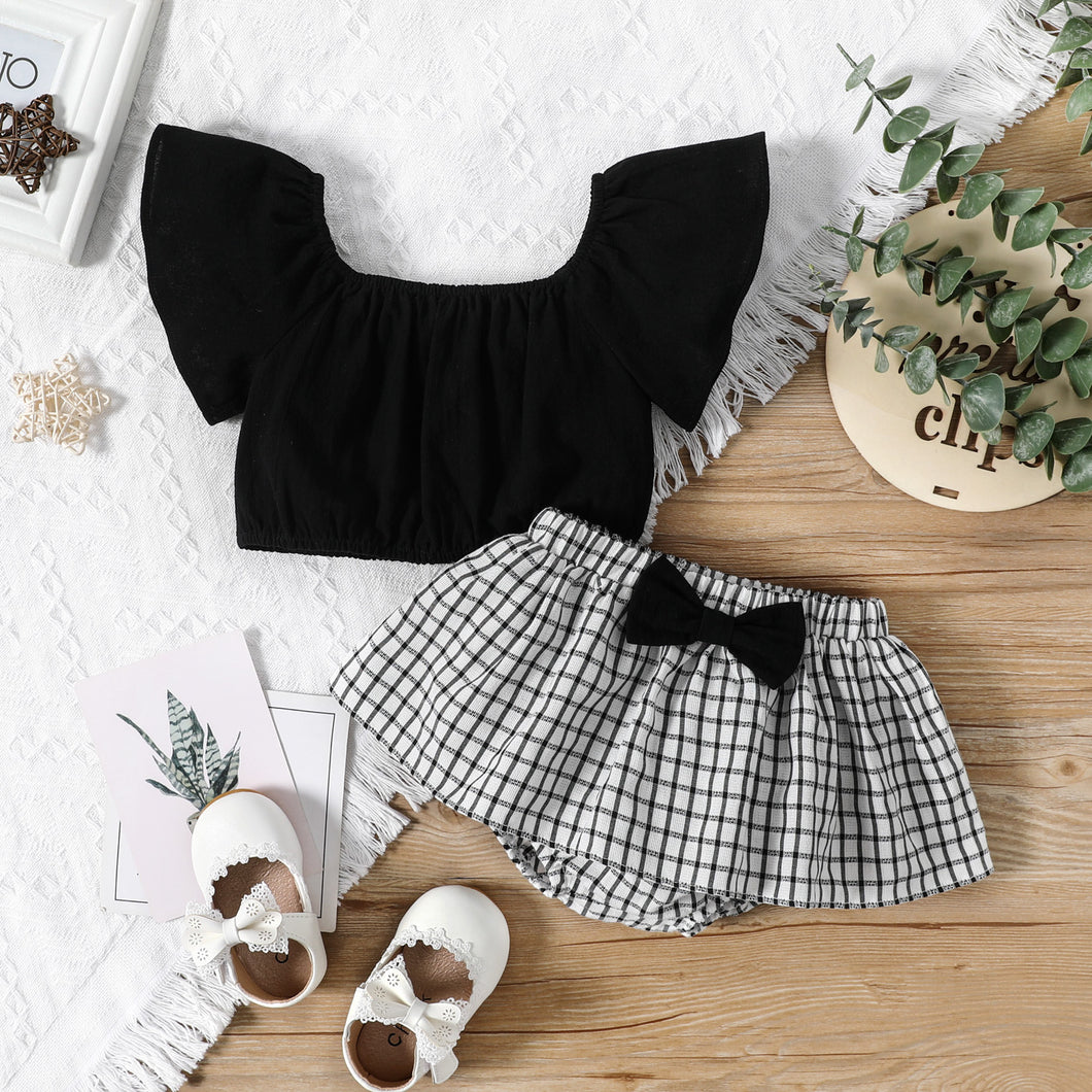 2pcs Baby Girl 100% Cotton Ruffle-sleeve Top and Plaid Skirted Shorts Set