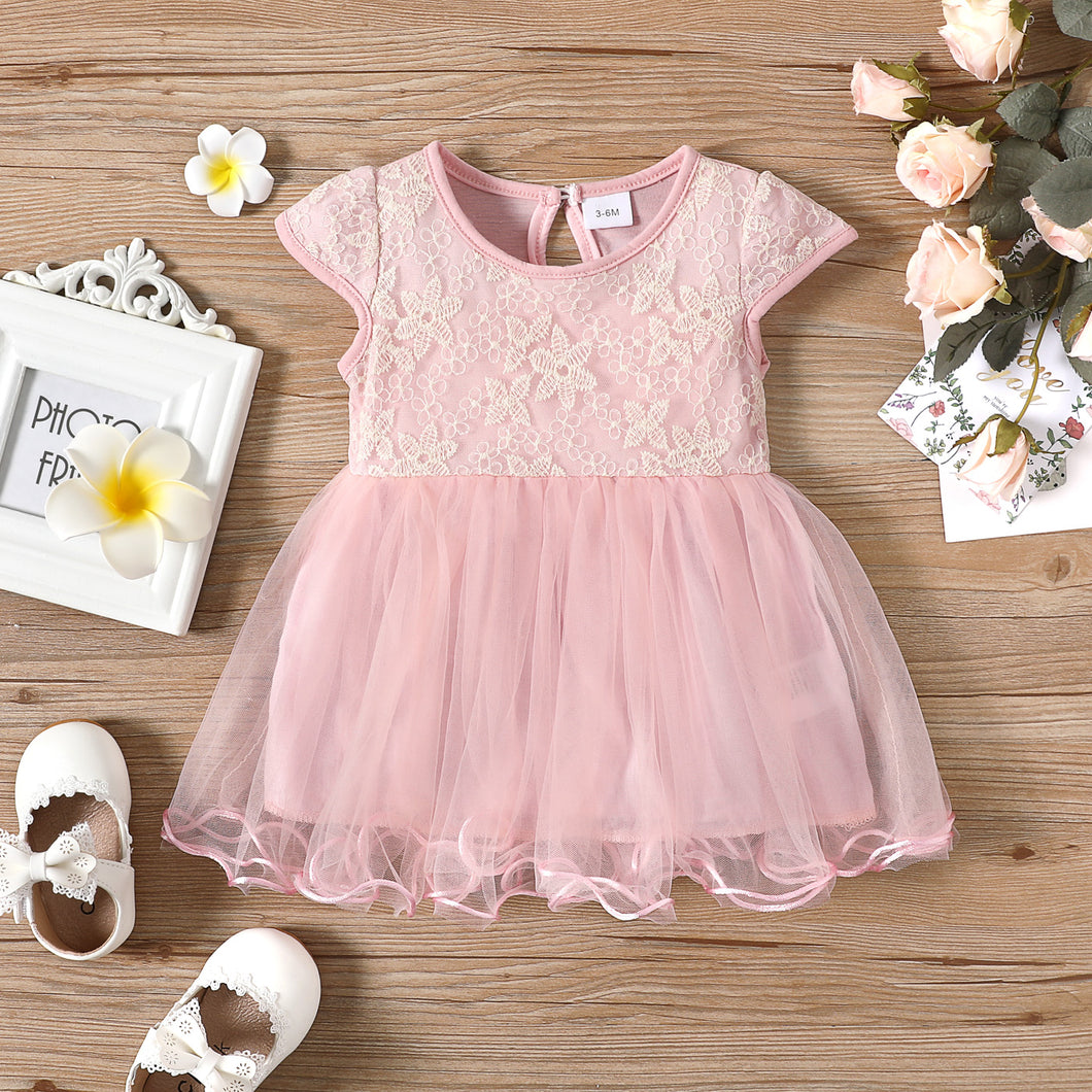 Baby Girl Pink Lace Cap-sleeve Mesh Dress