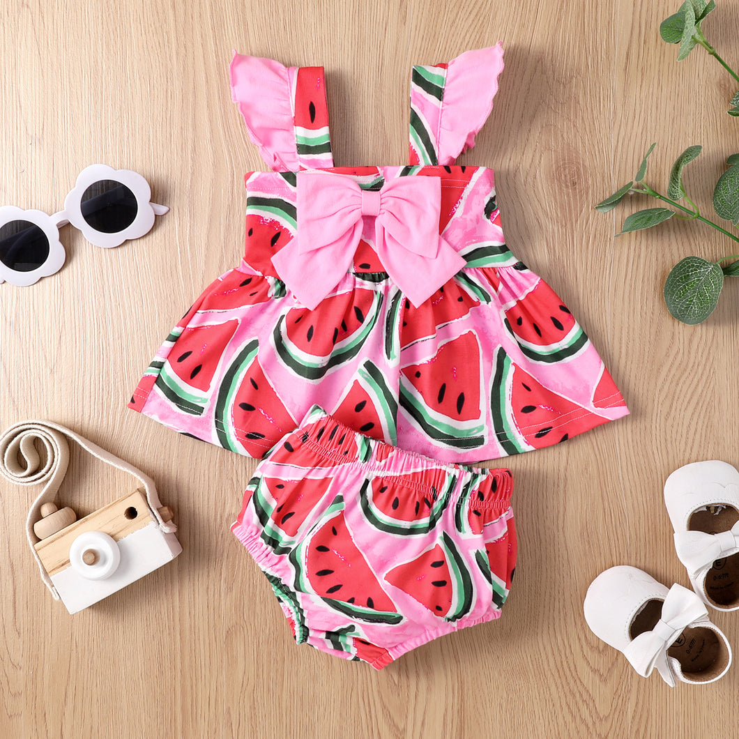 2pcs Baby Girl Allover Watermelon Print Sleeveless Bowknot Top and Shorts Set