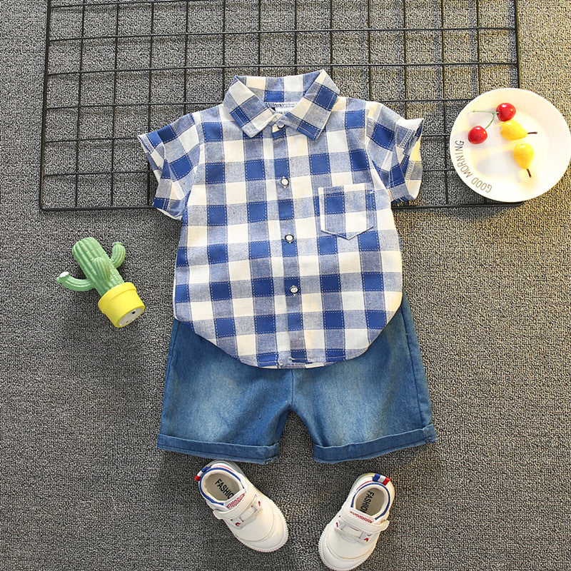 2-piece Toddler Boy Plaid Short-sleeve Short and Denim Shorts Set