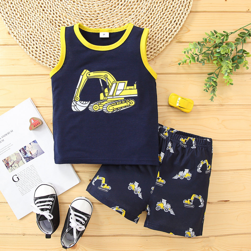 2pcs Toddler Boy Playful Vehicle Print Sleeveless Tee and Shorts Set