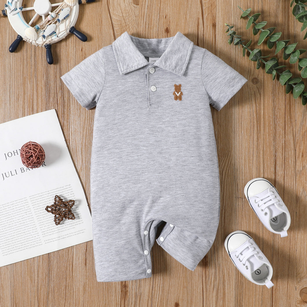 Baby Boy Bear Embroidered Polo Collar Button Up Short-sleeve Jumpsuit