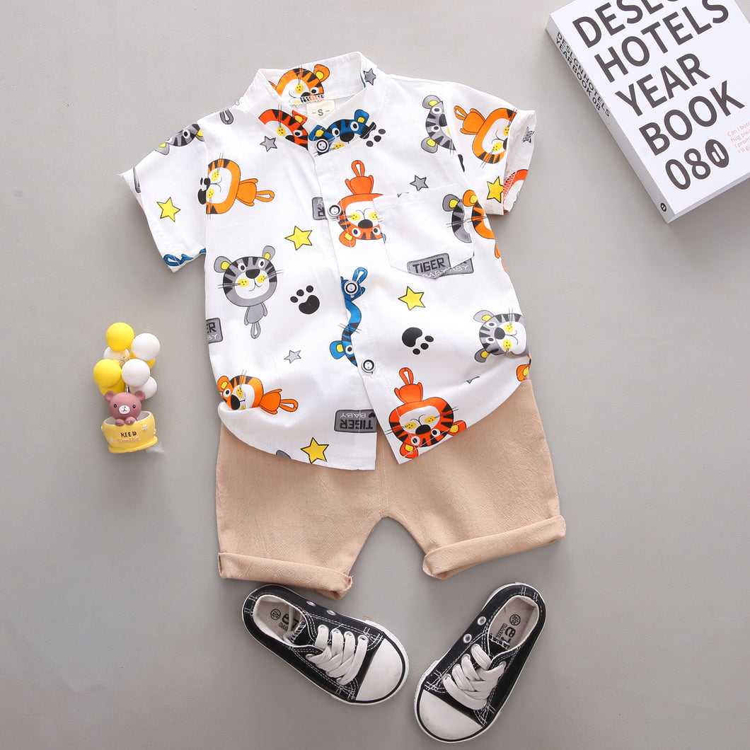 Childlike Graffiti Series 100% Cotton 2pcs Tiger Allover Stand Collar Short-sleeve Yellow or White Shirt and Solid Khaki Shorts Baby Set