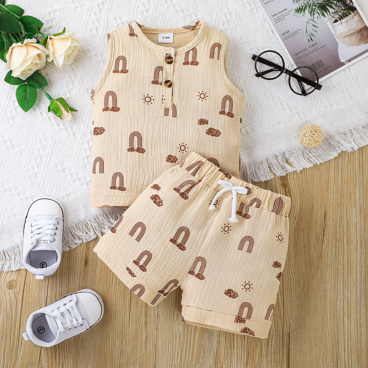 2pcs Baby Boy/Girl 100% Cotton Crepe Roll Up Hem Shorts and Allover Animal & Letter Print Short-sleeve T-shirt Set