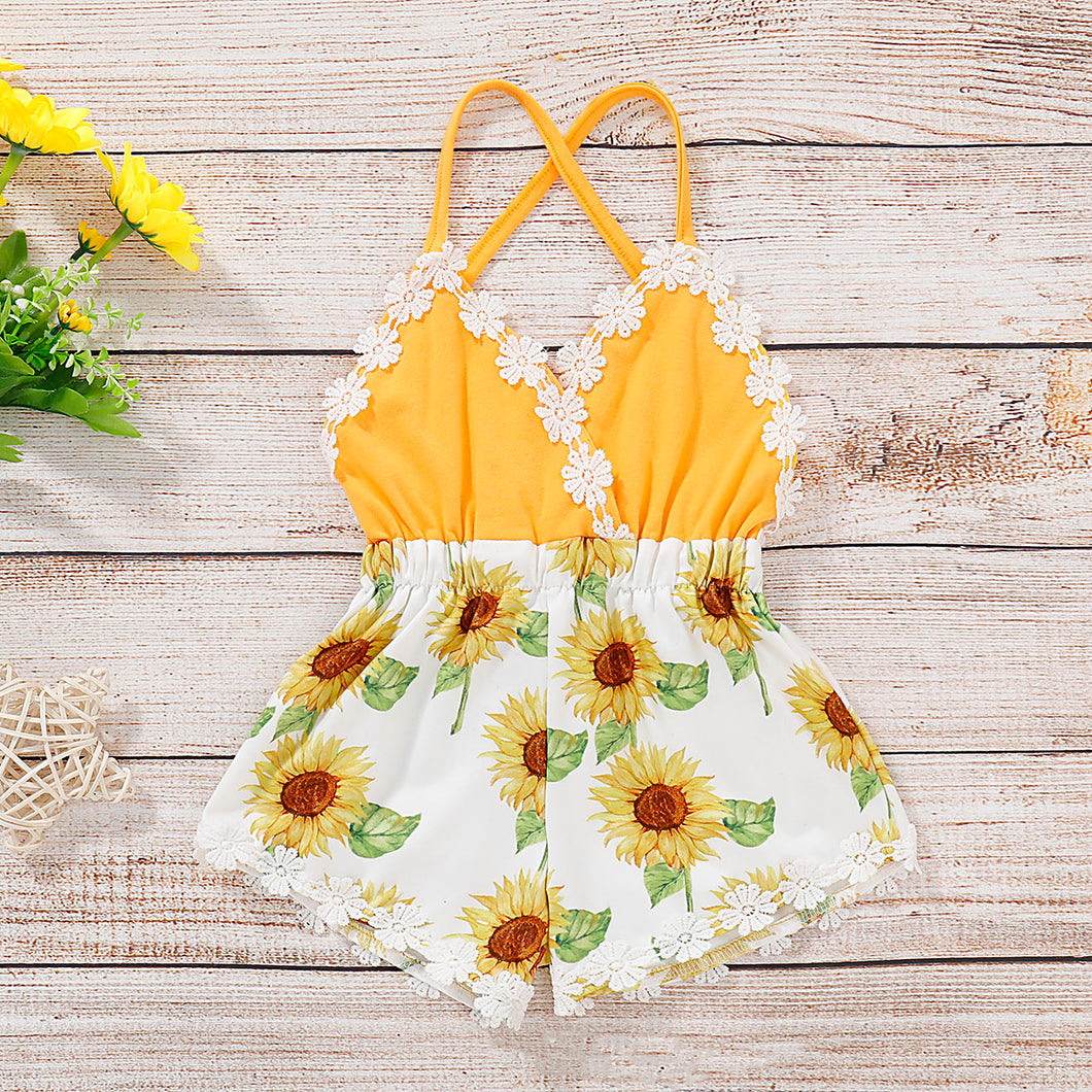 Baby Girl Cotton Spaghetti Strap Solid Splicing Sunflower/ Pineapple Print Romper