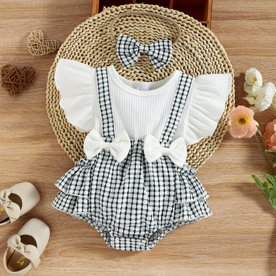 2pcs Baby Girl White Ribbed Ruffle-sleeve Bowknot Splicing Plaid Layered Romper with Headband Set