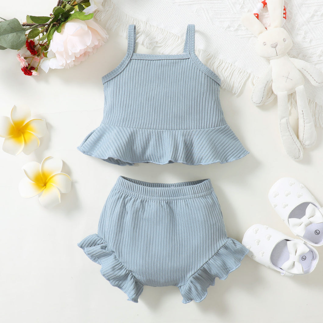 2pcs Baby Girl Solid Ribbed Sleeveless Spaghetti Strap Ruffle Top and Shorts Set