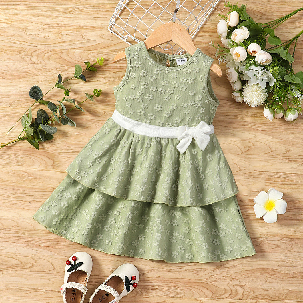 Toddler Girl Floral Textured Bowknot Desogn Layered Sleeveless Green Party Dress