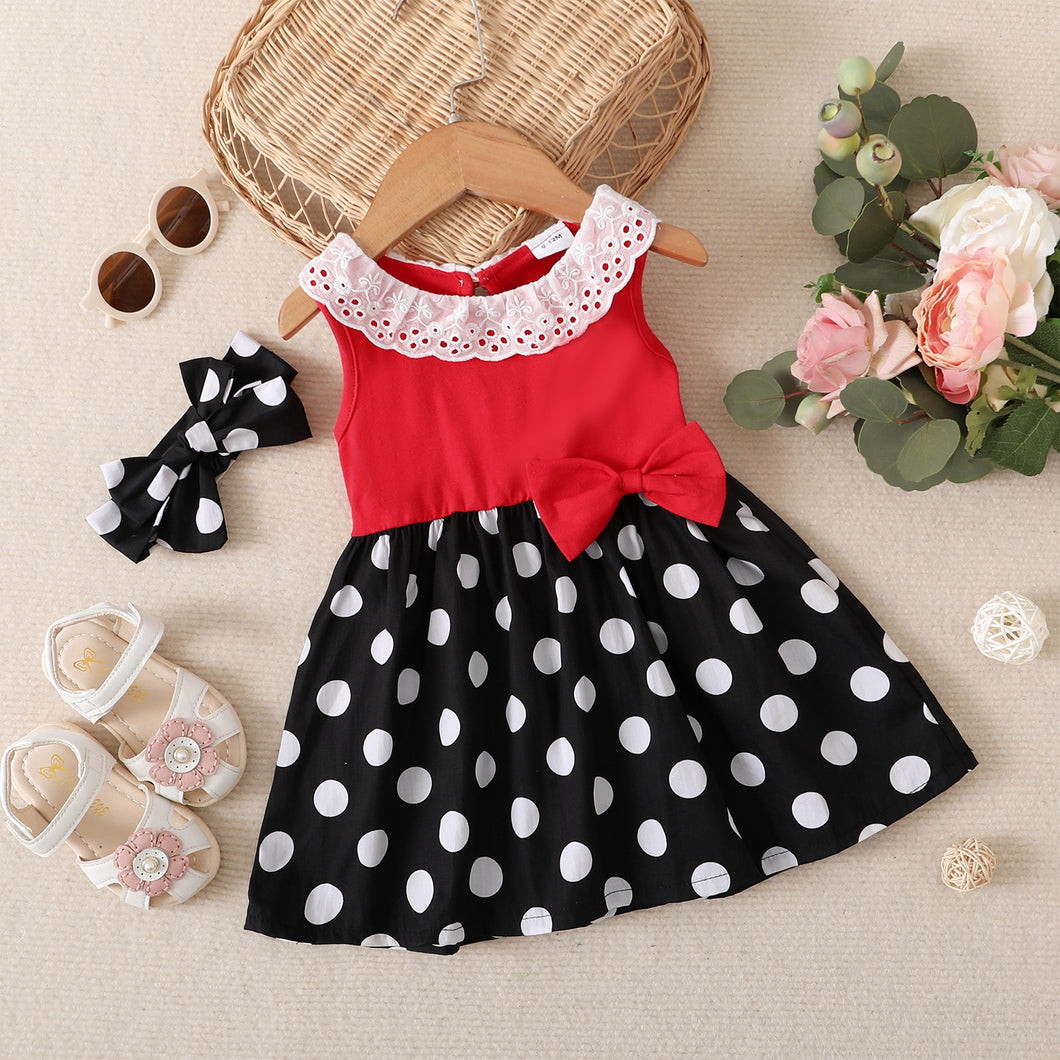 Baby Girl Hollow-out Ruffle Collar Solid Splicing Dots Sleeveless Dress