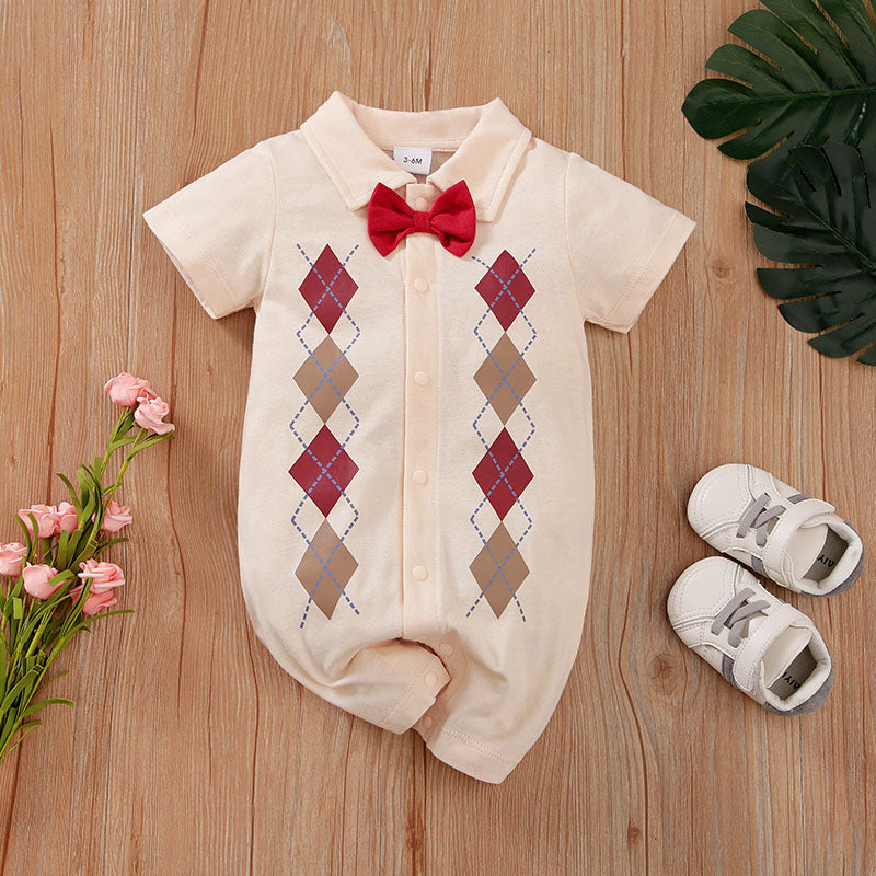 100% Cotton Baby Boy/Girl Preppy Style Argyle Print Bow Tie Short-sleeve Snap Romper