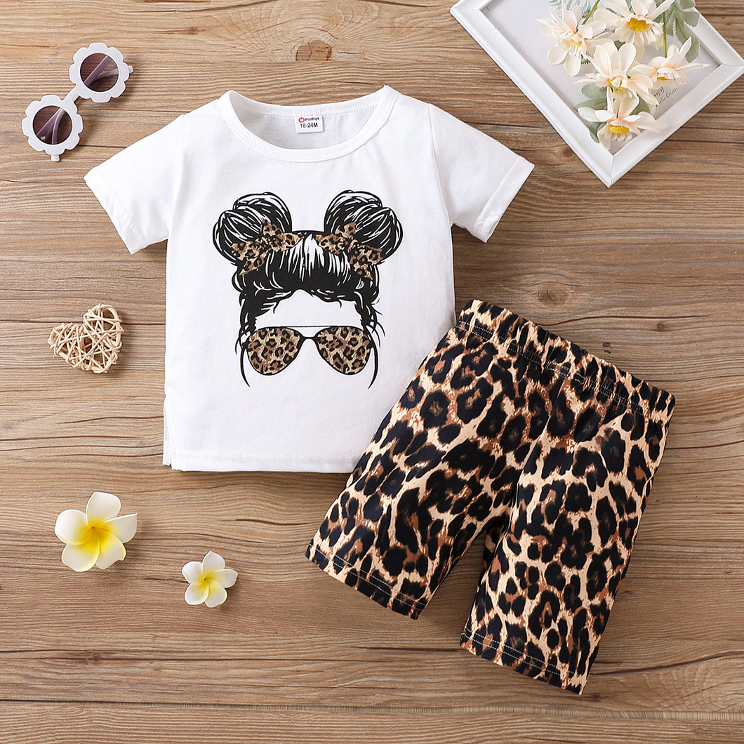 2pcs Toddler Girl Cartoon Figure Print Short-sleeve White Tee and Leopard Print Shorts Set