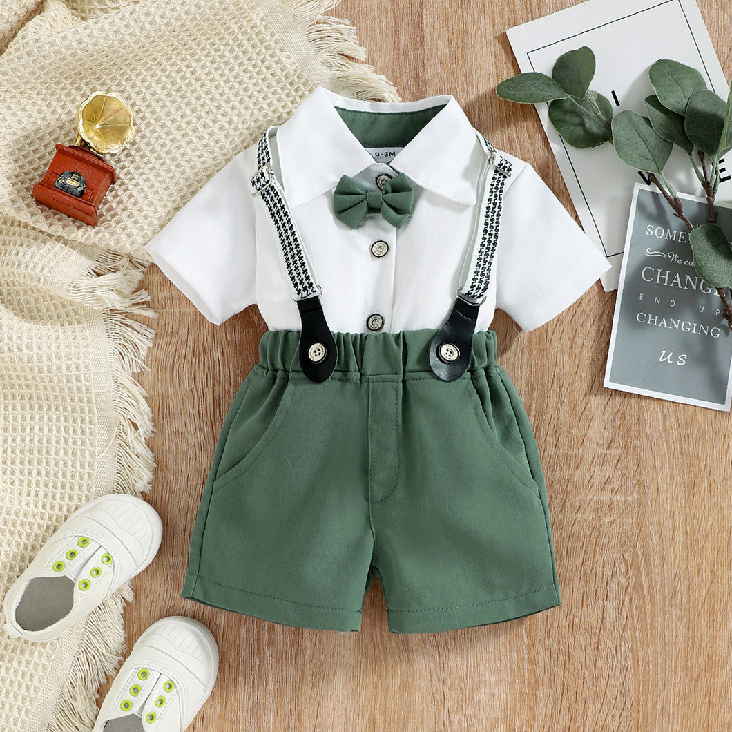 Baby Boy Short-sleeve Party Outfit Gentle Bow Tie Shirt and Suspender Shorts Set