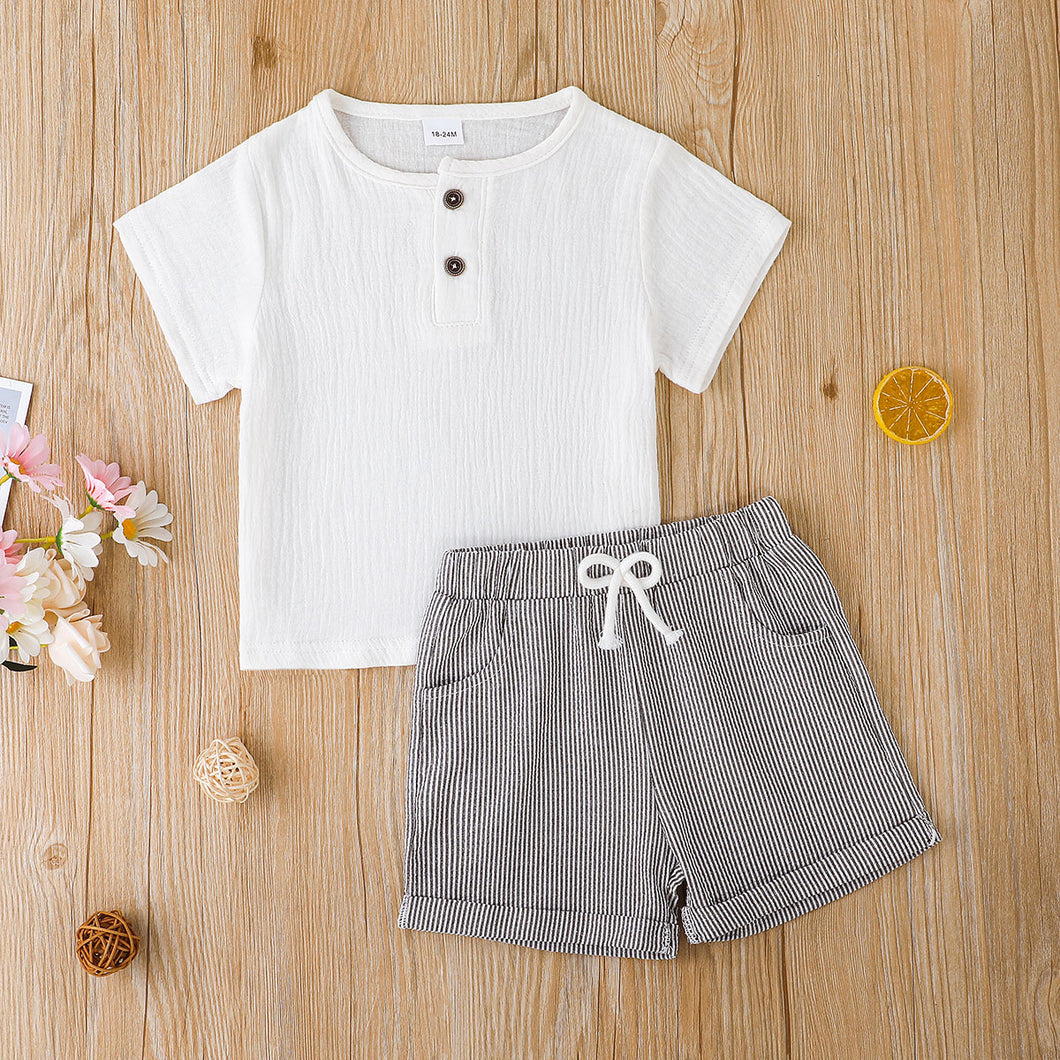 2pcs Toddler Boy Basic Button Design Crepe Tee and Stripe Shorts Set