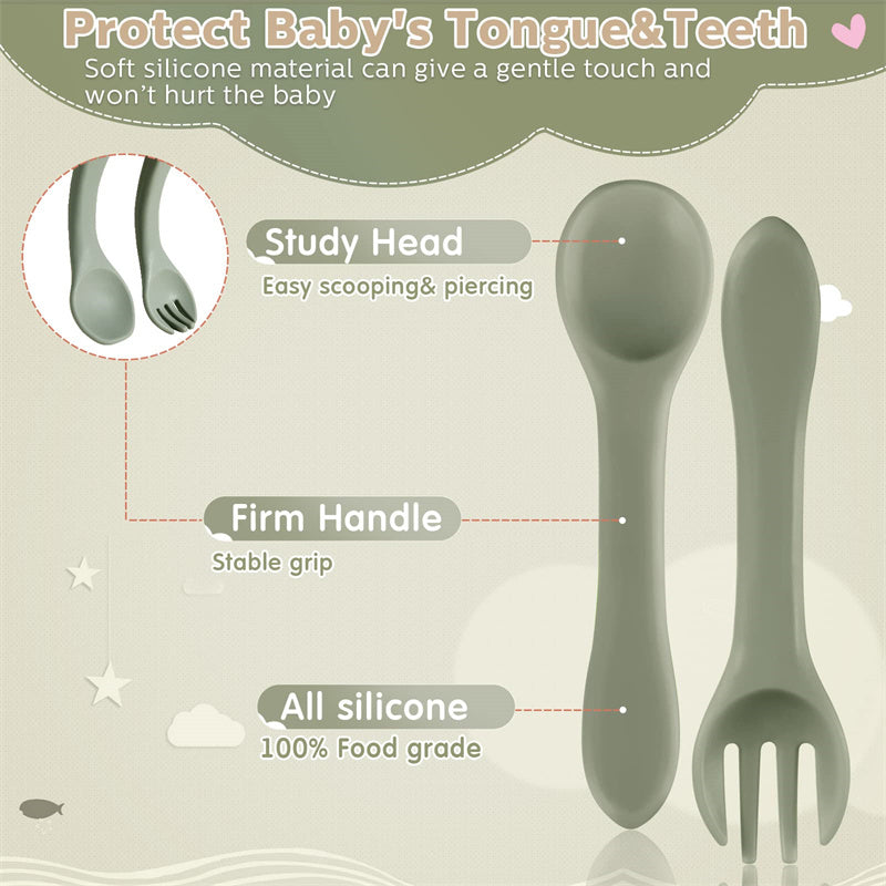 Food Grade Silicone Self-Feeding Spoon Fork Baby Toddler Utensils Training Utensils Set for Self-Training