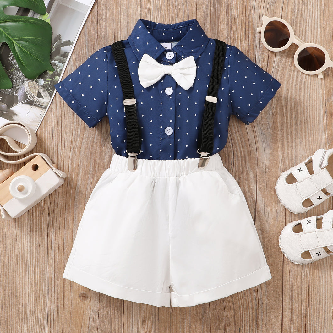 2pcs Baby Boy Gentleman Outfits Short-sleeve Polka Dots Bow Tie Shirt and Suspender Shorts Set