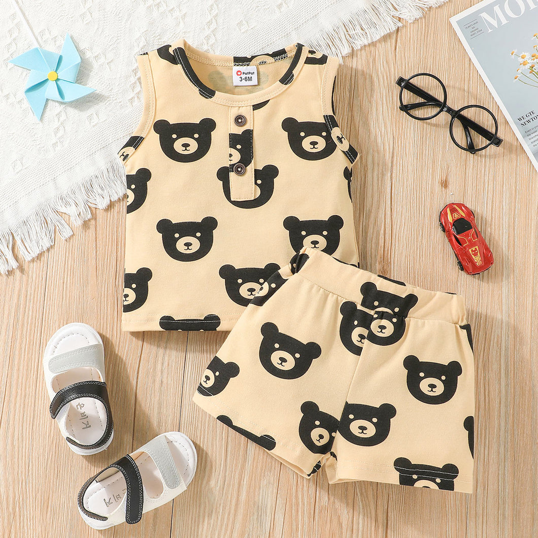 2pcs Baby Boy/Girl Cotton Sleeveless All Over Cartoon Bear Print Tank Top and Shorts Set