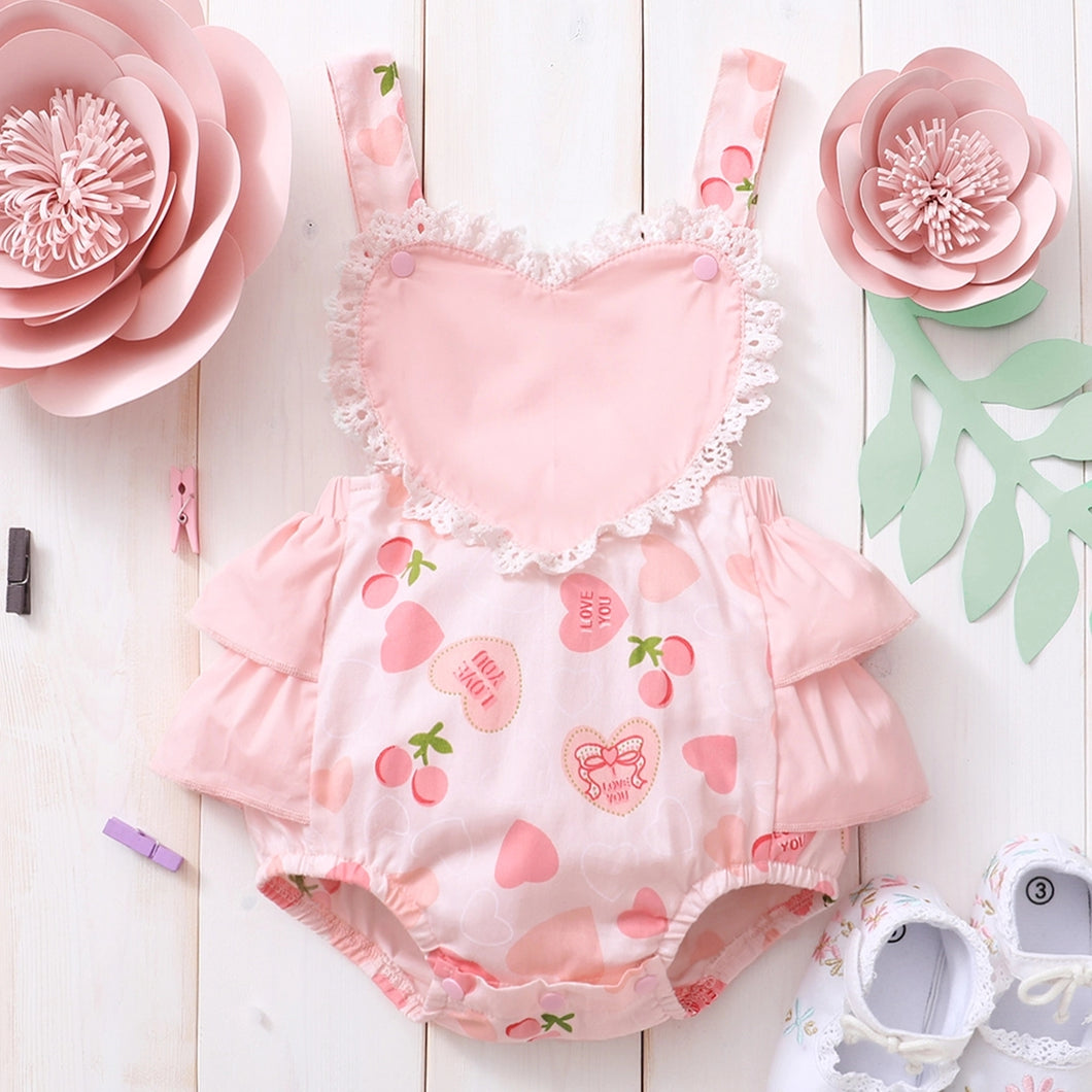 Summer Picnic Baby Girl 100% Cotton Cherry Print Lace and Ruffle Decor Sleeveless Pink Romper