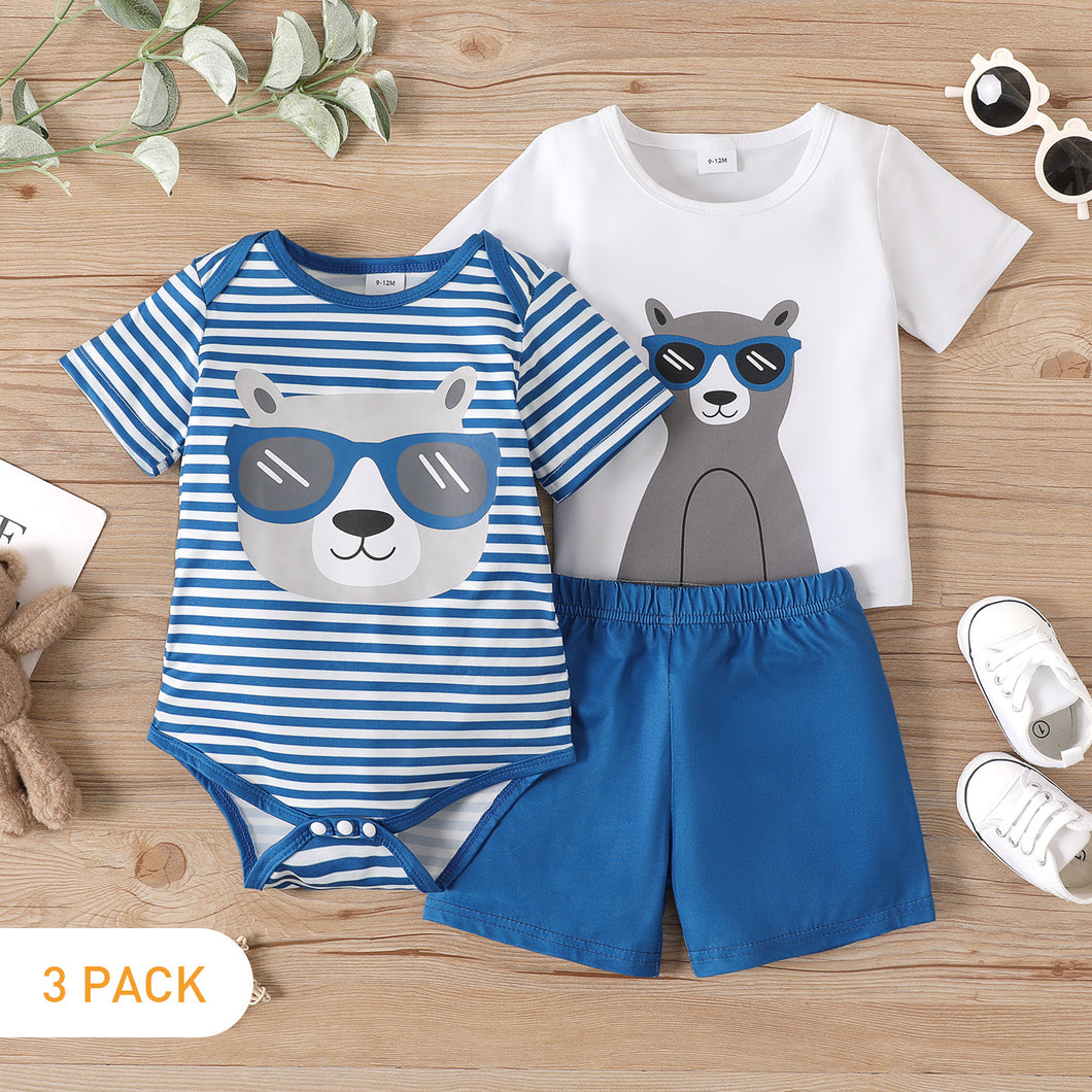 3pcs Baby Boy Cartoon Bear Print Short-sleeve T-shirt and Striped Romper with Solid Shorts Set