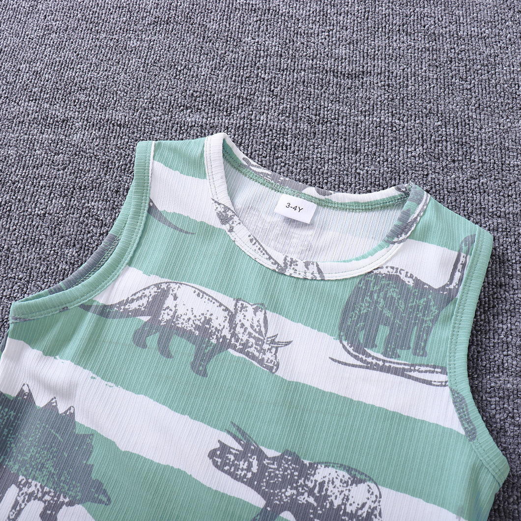 2-piece Toddler Boy Animal Dinosaur Print Striped Tank Top and Elasticized Shorts Set