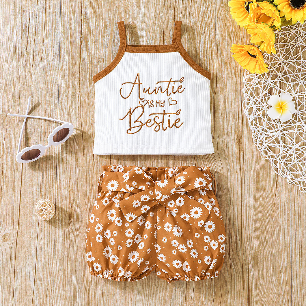 2pcs Baby Girl Cotton Ribbed Letter Embroidered Camisole and Floral Print Bloomers Shorts Set