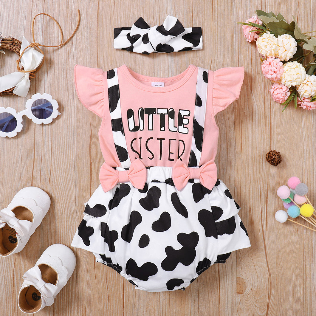 2pcs Baby Girl 95% Cotton Flutter-sleeve Solid Letter & Cow Print Spliced Romper with Headband Set