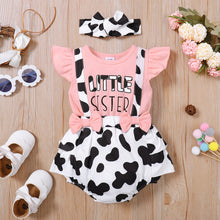 Load image into Gallery viewer, 2pcs Baby Girl 95% Cotton Flutter-sleeve Solid Letter &amp; Cow Print Spliced Romper with Headband Set
