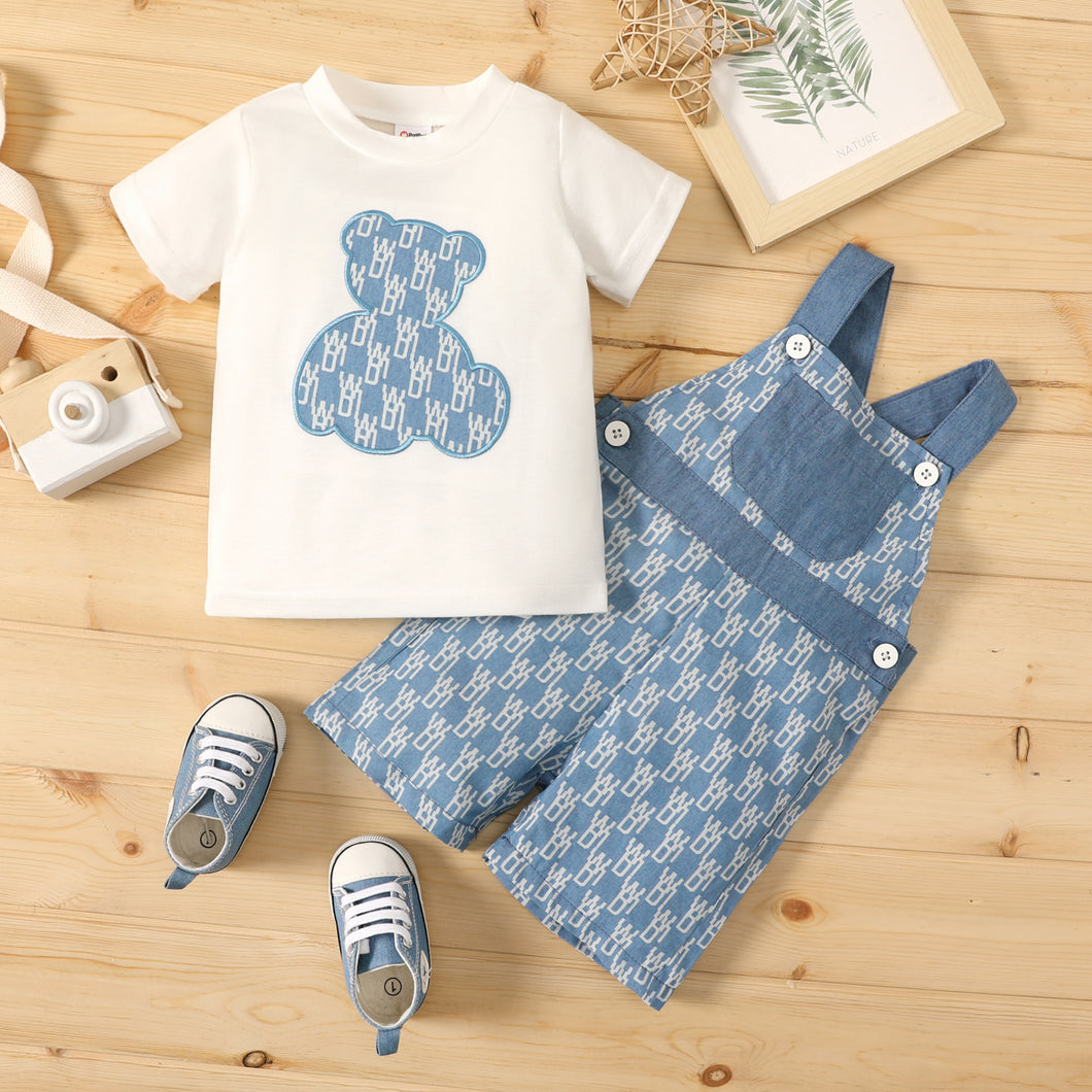 2pcs Baby Boy/Girl 95% Cotton Imitation Denim All Over Print Overalls Shorts and Cartoon Short-sleeve T-shirt Set