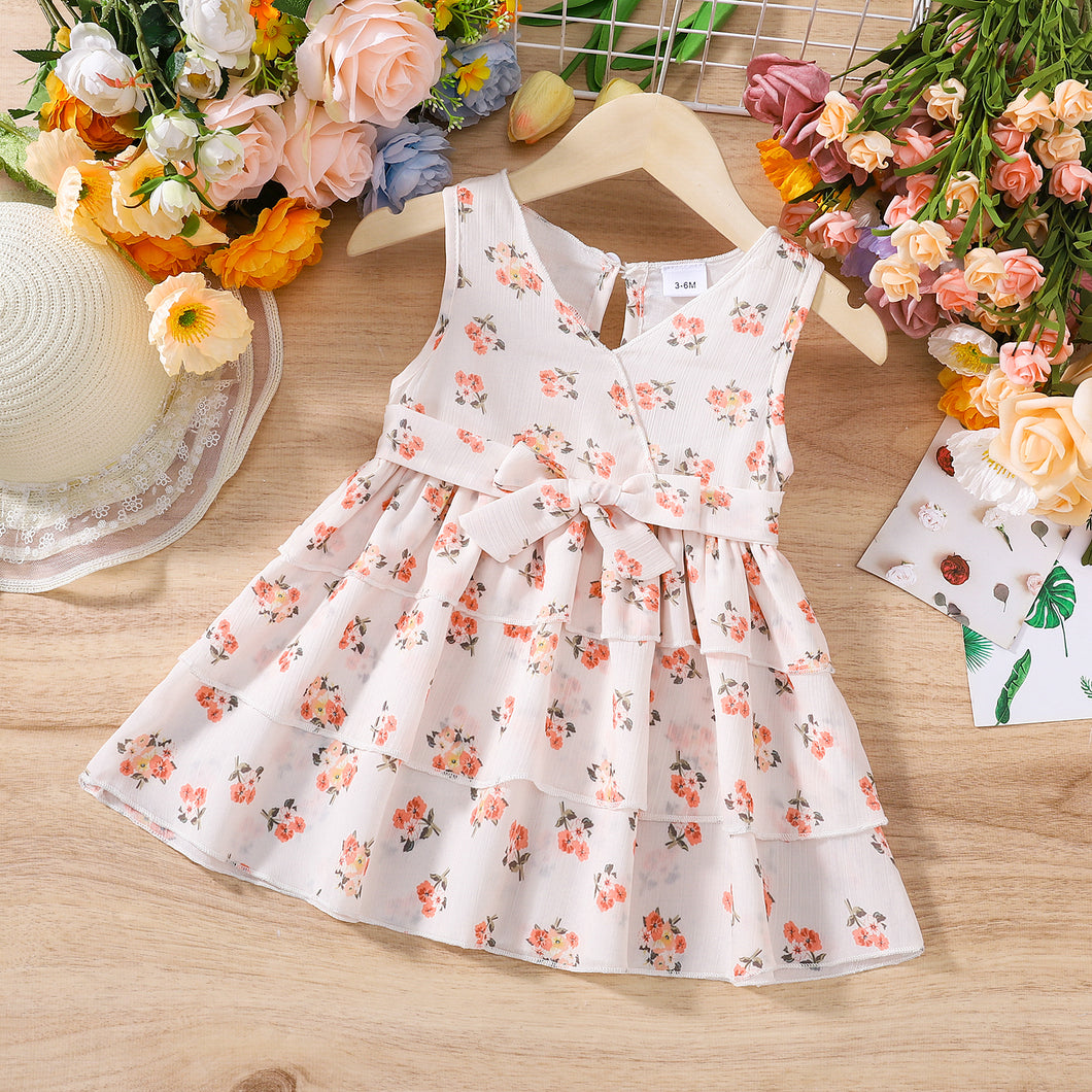 Baby Girl Floral Print V Neck Sleeveless Tiered Layered Dress