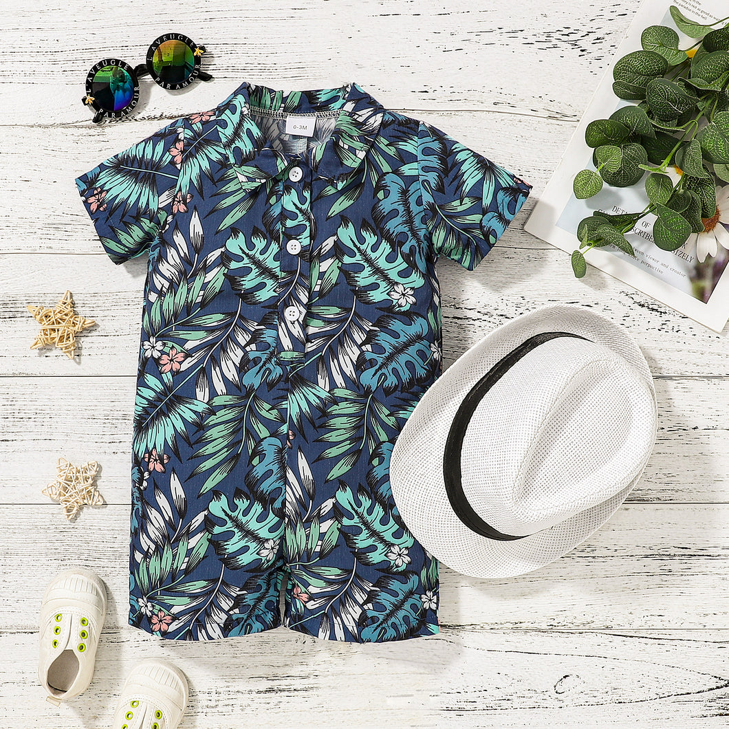 2pcs Baby Boy All Over Tropical Plant Short-sleeve Button Up Romper with Sun Hat Set