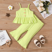 Load image into Gallery viewer, 2pcs Baby Girl Solid Spaghetti Strap Peplum Top and Flared Pants Set
