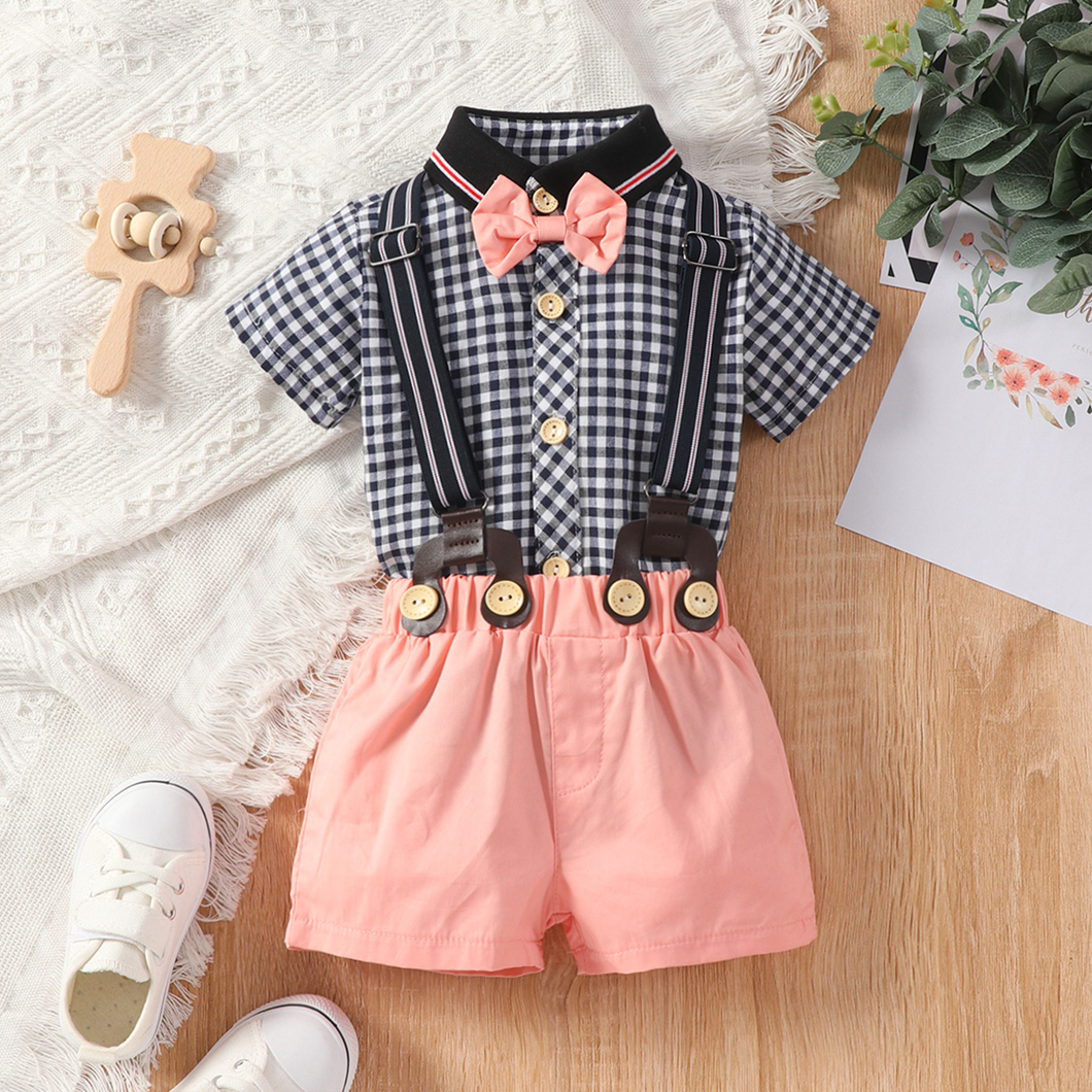 2pcs Baby Boy 100% Cotton Suspender Shorts and Plaid Short-sleeve Romper Set Gentleman Outfits