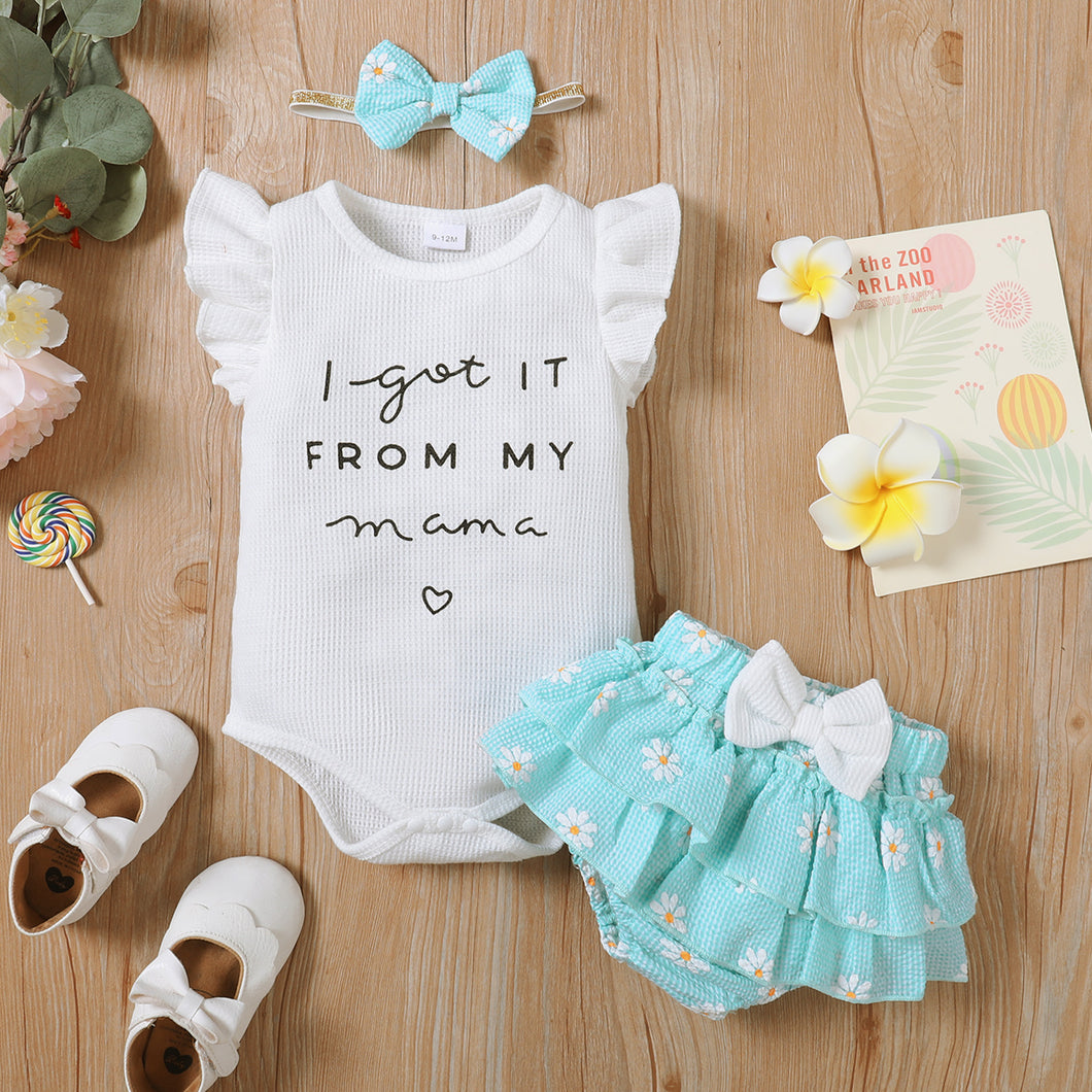 3pcs Baby Girl Letter Print Waffle Flutter-sleeve Romper and Floral Print Layered Textured Shorts with Headband Set