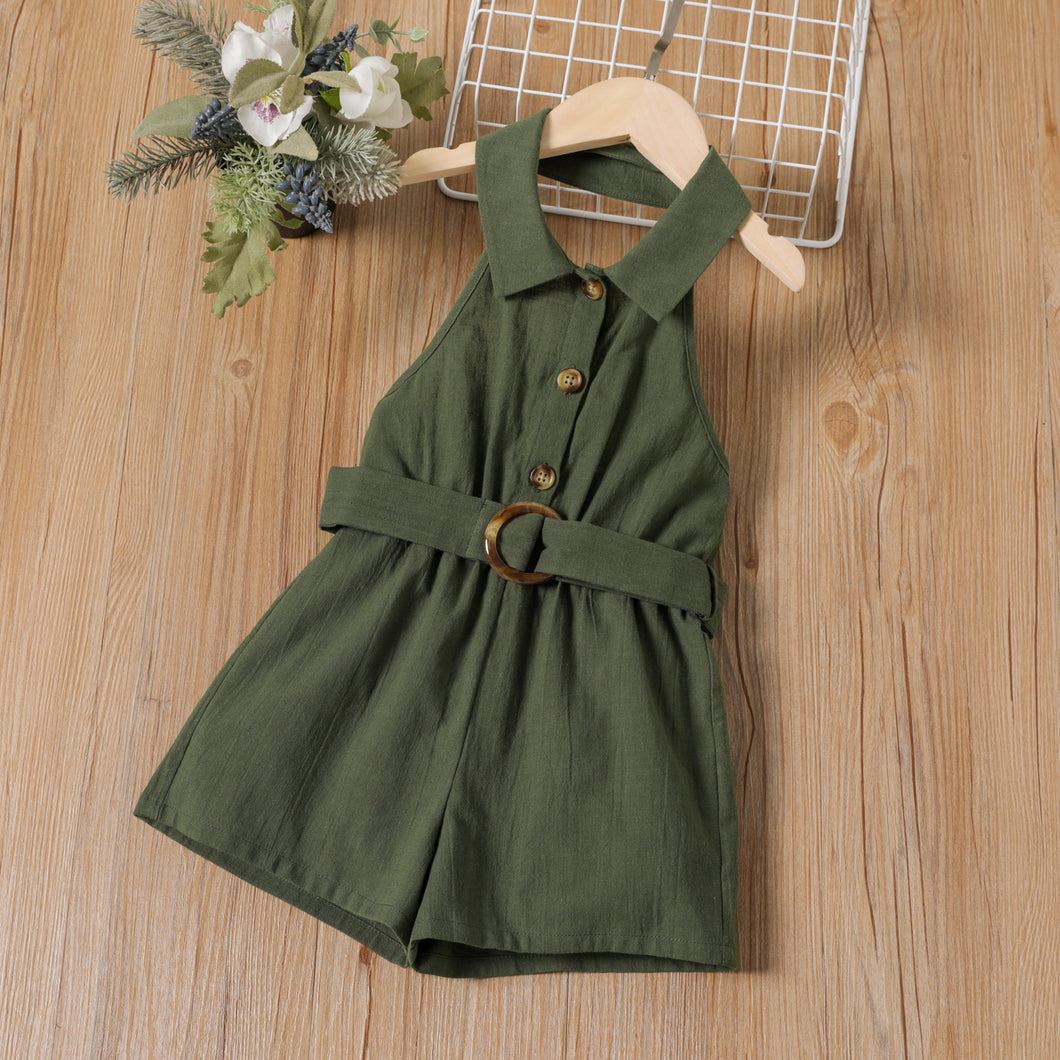 Toddler Girl 100% Cotton Lapel Collar Button Design Backless Belted Army Green Halter Rompers