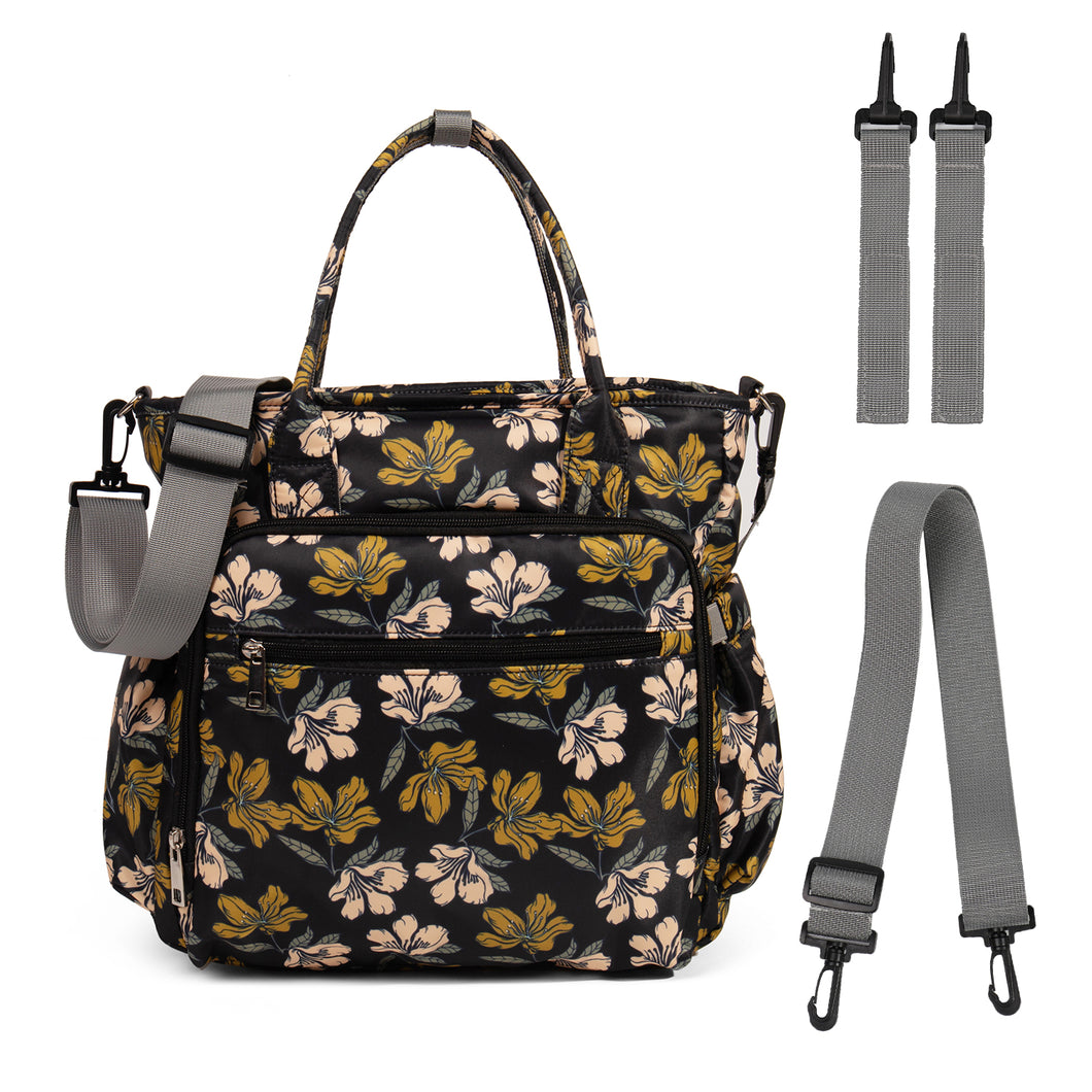 Floral Pattern Diaper Bag Tote Waterproof Large Capacity Satchel Travel Diaper Tote with Stroller Straps for Mom and Dad