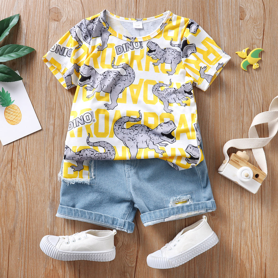 2pcs Toddler Boy Casual Patchwork Ripped Denim Shorts and Letter Dinosaur Print Tee Set