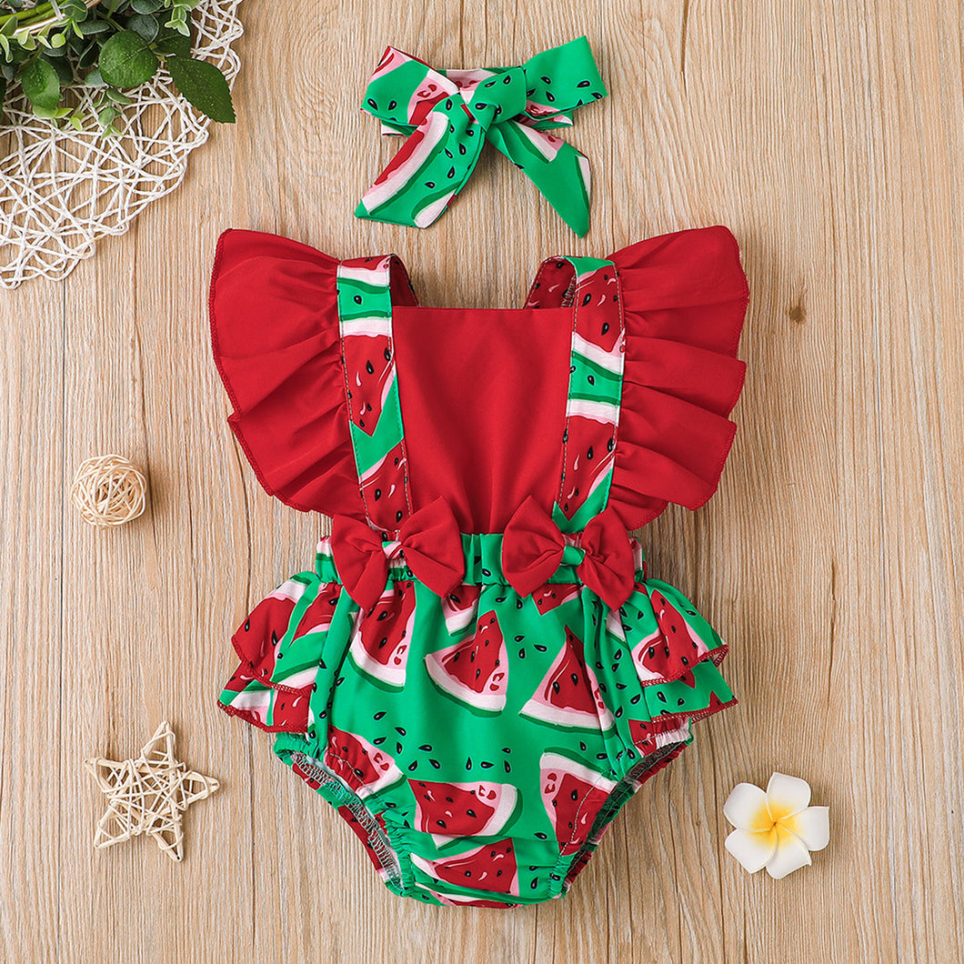 2pcs Baby Girl Solid and Watermelon Print Splicing Sleeveless Layered Ruffle Bowknot Romper with Headband Set