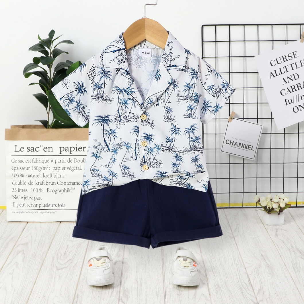 2pcs Toddler Boy Vacation Flora Tree Print Lapel Collar Shirt and Shorts Set