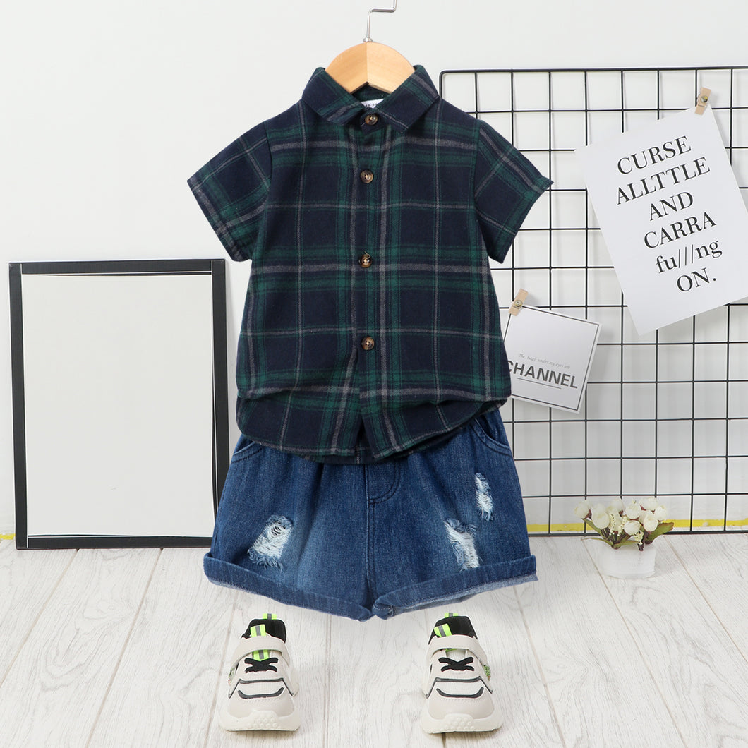 2pcs Toddler Boy Casual Ripped Denim Shorts and Letter Print Plaid Shirt Set