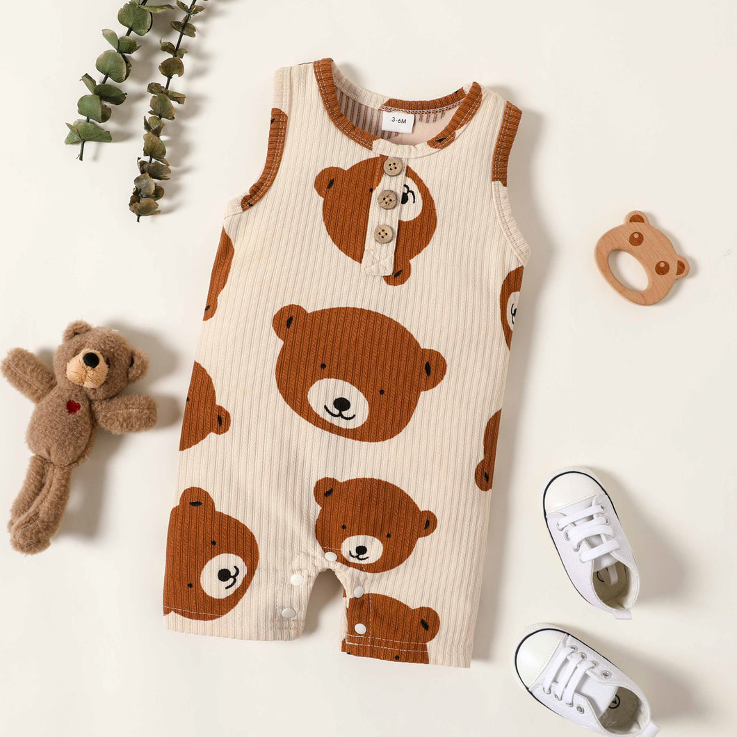 Baby Boy/Girl All Over Cartoon Bear Print Ribbed Sleeveless Tank Romper