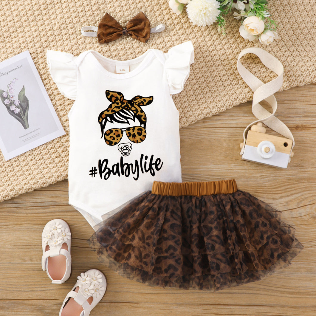 3pcs Baby Girl 95% Cotton Flutter-sleeve Graphic Romper and Layered Leopard Mesh Skirt with Headband Set